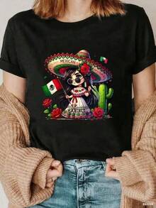 1pc Blusas para Mujer Hermosas Blusas para Mujer Conjuntos de Ropa para Mujer Camiseta de Chica Mexicana con Sombrero Estampado en Blanco y Negro México Impresión de Alta Calidad Cuello Redondo Básico Suelto_2 Mujer camiseta casual estampado mexicano ajuste holgado cuello redondo manga corta primavera verano uso diario - Negro - Ver 6