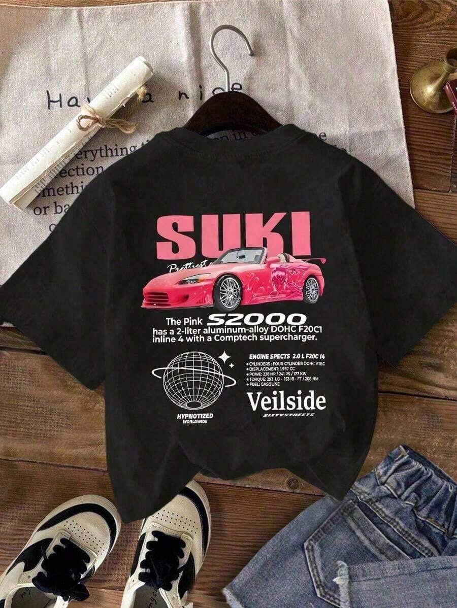 Camiseta casual de algodón de manga corta y cuello redondo con estampado deportivo Suki Car, cómoda camiseta negra de verano para mujer, top moderno unisex, camiseta estampada de algodón, camiseta esencial de verano. - Negro - Ver 1