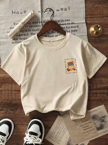 Women's T-Shirts With Sardine And Tomato Print On The Back, Loose Fit, Round Neck, Short Sleeve, Casual Style For Everyday Summer Wear. - 杏色 - 查看 6