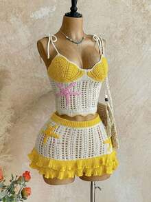 Conjunto de 2 piezas para mujer: Top de punto calado de color contrastante y falda mini con doble volante, adecuado para la playa, cruceros y festivales de música - amarillo ganso - Ver 4