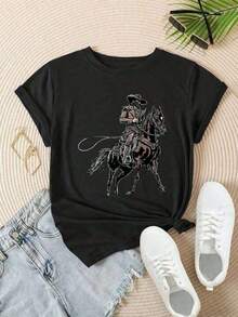 Vintage Women's Clothing "Cowboy Lasso" Fashionable Printed Casual T-Shirt Suitable For All Seasons
Women's White Shirt Top Women's T-Shirts > Basic - 黑色 - 查看 2