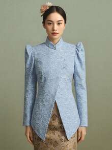Modern Elegant Kebaya Women's Stand-Collar Top Shirt, Irregular Design, Elegant, 3D Floral Pattern, Nyonya Style, Blue Top - 藍色 - 查看 5