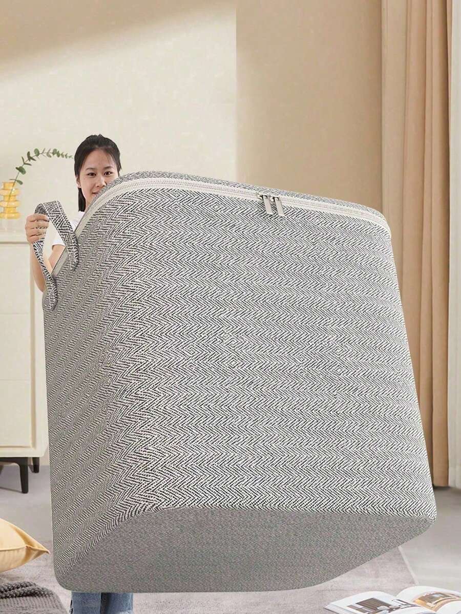 1pc Large Capacity Zipper Storage Bag, Foldable Clothing And Bedding Organizer Bag, Durable Moving Packing Bag With Handle, Herringbone Fabric Storage Box, Suitable For Blankets, Toys, Seasonal Clothing And Home Organization