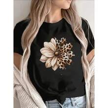 Women's T-Shirt With Leopard Floral Print, Round Neck, Short Sleeve, Loose Fit, Soft Cotton, Casual Style, For Spring/Summer, Ideal To Pair With Jeans - 黑色 - 查看 1