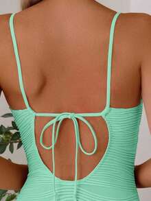 Traje de una pieza para mujer para la playa, de tela texturizada, con decoración de conchas, espalda de escote con detalle de lazo, ajuste ceñido, uso casual para resort - verde menta - Ver 4