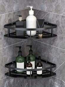 1 pieza Estantería de esquina, Estante de almacenamiento para baño y cocina, Organizador de baño sin taladro, Estante de almacenamiento de baño y cocina montado en la pared en forma triangular - Negro - Ver 2