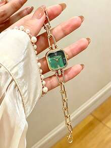 1 pieza/Set Reloj de pulsera de mujer con esfera cuadrada y cadena dorada, reloj de cuarzo minimalista, regalo de cumpleaños, regalo de San Valentín, uso diario en la oficina, cita y fiesta nocturna - Verde - Ver 11