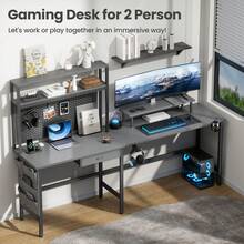 Escritorio para juegos HLDIRECT en forma de L con luz LED y toma de corriente, escritorio de esquina para computadora con estantes de almacenamiento, cajón y bolsa, mesa de juego con soporte para monitor, oficina en casa - Gris - Ver 6