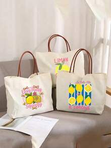 Vibrant Lemon Pattern Printed Tote Bag, Reusable Printed Women's Tote Bag, Double Handle Shopping Book Bag, Large Capacity Shoulder Bag, Casual Commute - Multicolor - View 7