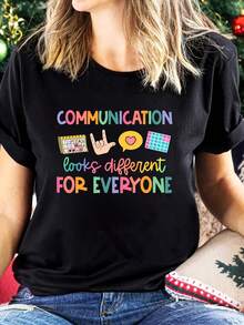 Camiseta Estampada para Mujer - Camiseta Casual de Manga Corta y Cuello Redondo en Color Negro con Colorido Texto COMMUNICATE y, con Corte Relajado para Todas las Estaciones, Perfecta para Uso Diario y Atuendos de Vacaciones (Lavable aáquina). - Negro - Ver 6