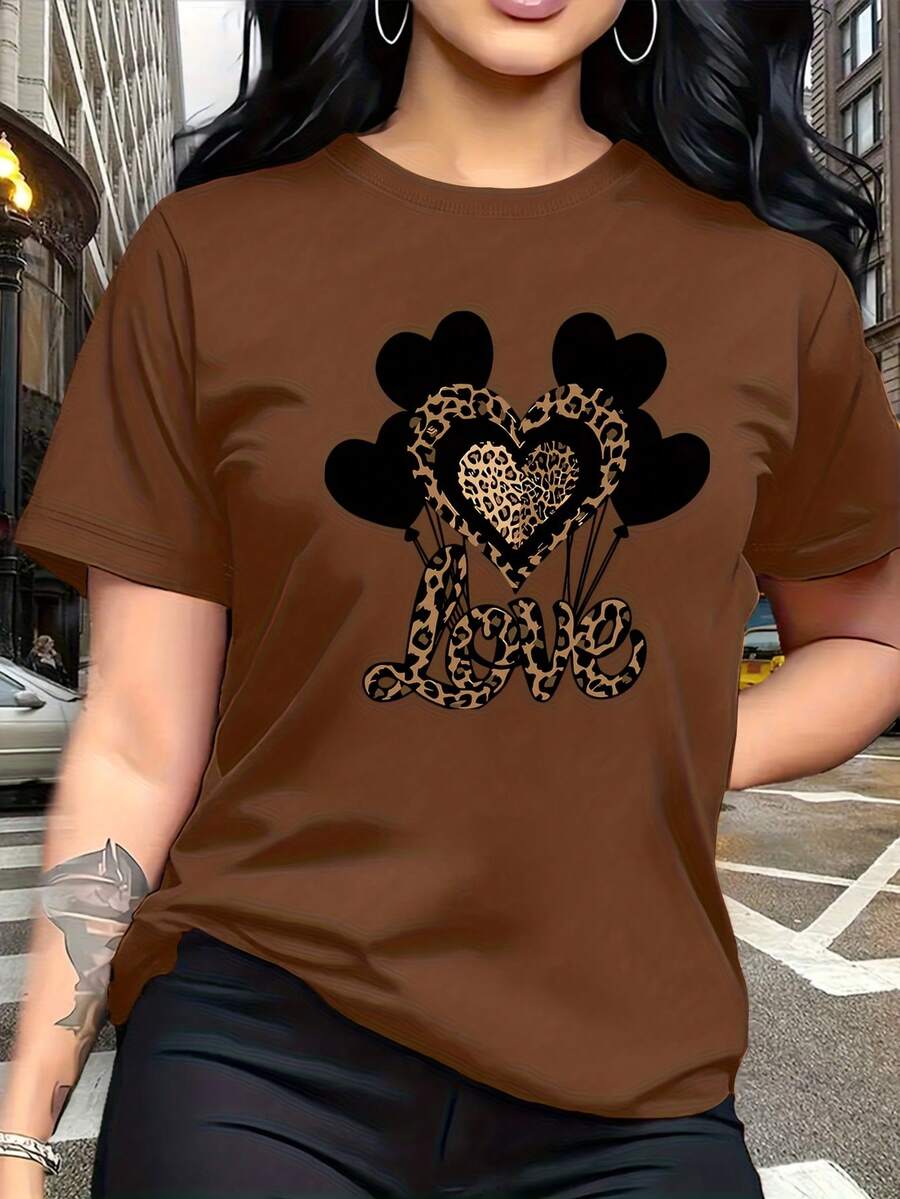 Combinación de salvajismo y ternura, estampado de patrón de globo en forma de corazón negro con estampado de leopardo, moda y , camiseta de mujer de manga corta casual de cuello redondo simple, adecuada para actividades como ocio, turismo y vacaciones 13419- Uso diario, fácil de lavar y mantener - Marrón - Ver 1