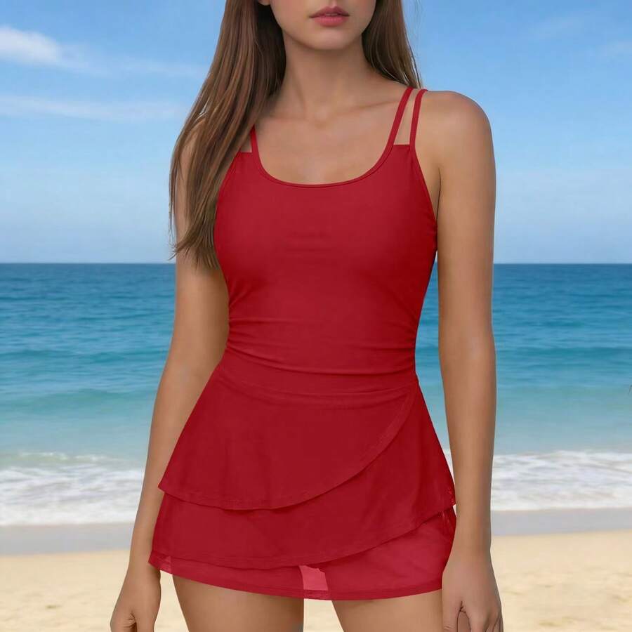 Traje de baño de una pieza para mujer, estilo falda, adelgazante y que disimula el abdomen, traje de baño conservador de estilo europeo y americano. - Rojo - Ver 1