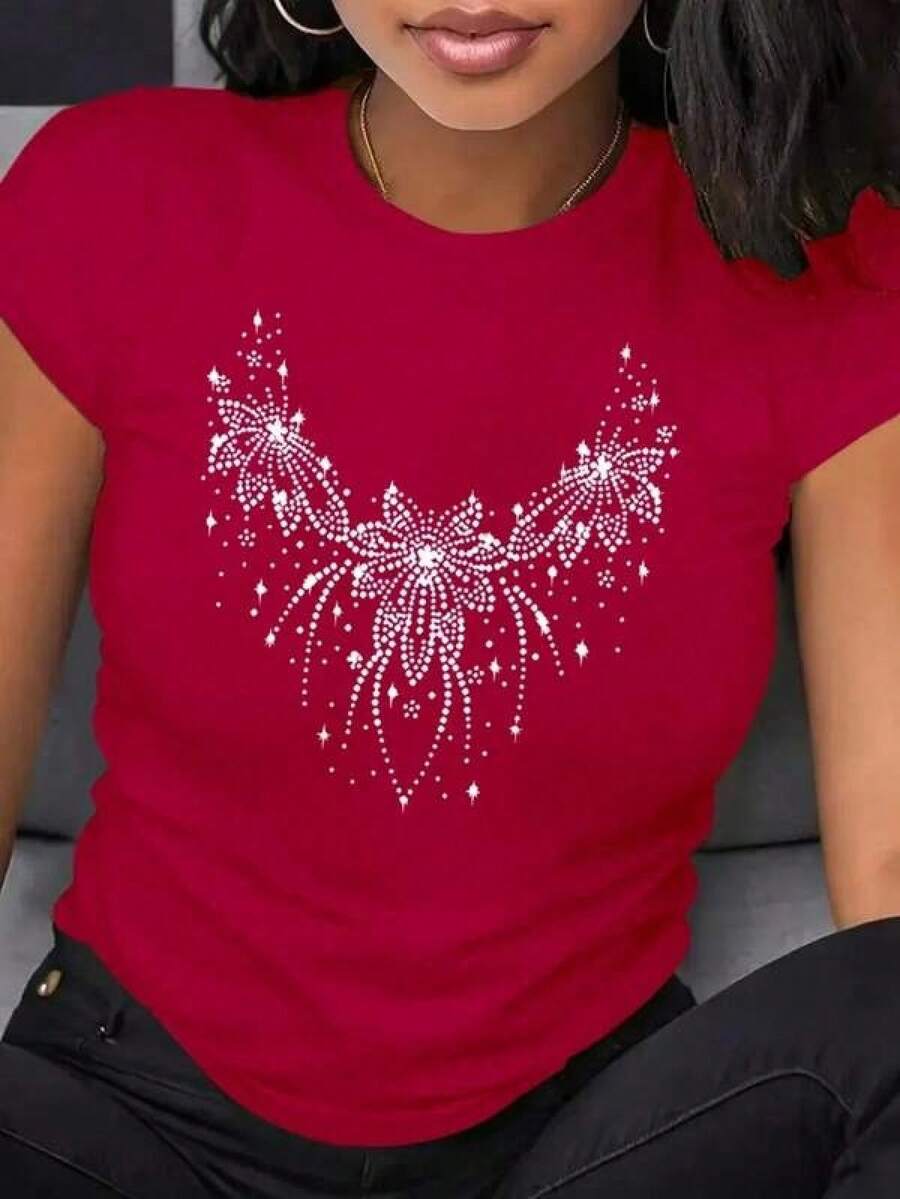 Playera con estampado de Flores Brillantes, ajuste regular cuello redondo manga corta fiesta suave, Moderna2026 - Rojo - Ver 1