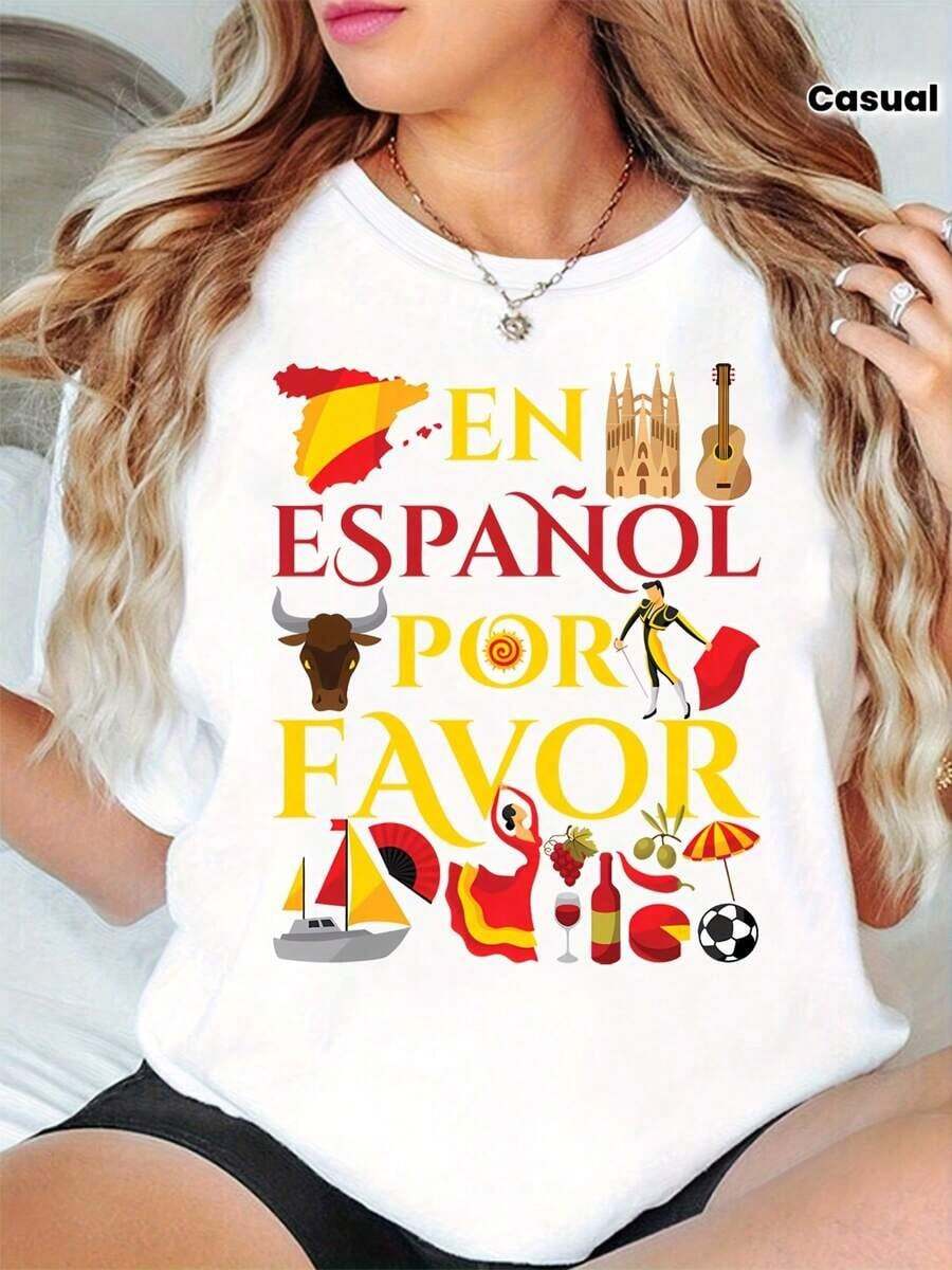 Camiseta ajustada de cuello redondo para mujer con estampado de recuerdos de viajes y vacaciones en España - Adecuada para uso diario, vacaciones, fiestas. - Blanco - Ver 1