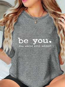 Women's Short Sleeve T-Shirt With Round Neck And Inspirational Text Print - Casual Sporty Style, Soft And Breathable, 95% Polyester 5% Spandex 180g, Stylish And Unique, Full Of Energy, Classic And Comfortable. - 黑色 - 查看 6