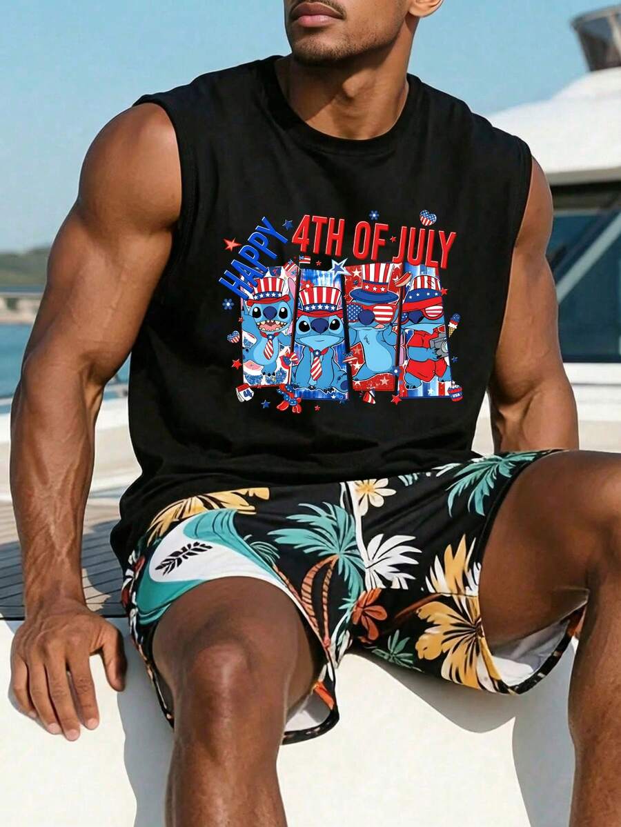 Disney Official Licensed Lilo & Stitch Happy 4th Of July Sleeveless Tank Top, Patriotic USA Flag Print Casual Vacation Independence Day Graphic Tee For Men - 黑色 - 查看 1