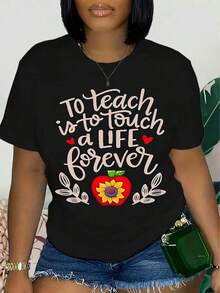 Camiseta de manga corta para mujer, suave y transpirable, 100% algodón - Estampado gráfico con temática de maestros, top casual de cuello redondo para la temporada de regreso a clases, camiseta versátil para educadoras y madres, camiseta de maestra. - Negro - Ver 6