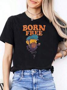 Women's Casual Short Sleeve Crew Neck T-Shirt | Unisex Short Sleeve Crew Neck T-Shirt, Soft Cotton, Urban Vintage Style, With Monkey Print With Hat And Orange Letters, Retro Style, Perfect For Family And Friends. - 黑色 - 查看 6