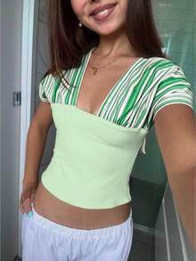 Y2K Women's 2-In-1 Solid Color Convertible Crop Top, Halter  Off Shoulder Back Tie Ruched Self-Cultivation Top For Club Party - Green - View 1