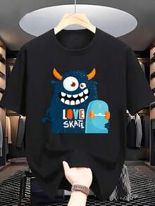 Camiseta de cuello redondo para hombre con estampados de monstruos de dibujos animados, elegante y versátil, adecuada para deportes al aire libre en todas las estaciones, perfecta para jóvenes amantes de la cultura urbana. - Negro - Ver 7