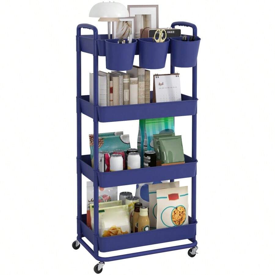 Plastic Rolling Storage Cart Utility Cart With Extra Hanging Cups Handles Lockable Wheels For Living Room Bathroom Kitchen Office - Blue - View 1
