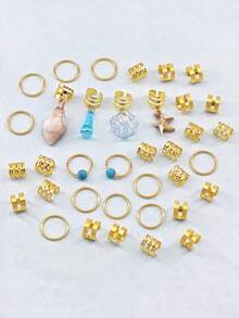 36 chiếc vòng cài tóc họa tiết đại dương với vỏ sò xanh gradient, ốc xà cừ trắng, sao biển và điểm nhấn hình giọt nước xanh – Vòng điều chỉnh được, trang sức tóc phong cách Boho lấy cảm hứng từ biển cả dành cho nam và nữ với kiểu tóc dreadlocks. - Vàng - Xem 4
