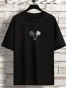 Men's Short Sleeve T-Shirts 2026, Stretchy Rose Print T-Shirt With Round Neck, Oversized Short Sleeve Top, Plus Size Casual Clothing For Spring Summer, Valentine's Day Print Streetwear - 黑色 - 查看 5