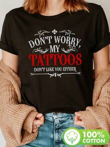 Camiseta gráfica con tatuajes de la letra Y-Red, top casual de manga corta y cuello redondo, ideal para verano y primavera, ropa de mujer[COD] - Negro - Ver 1