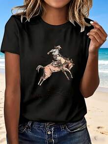 Cowboy Riding Horse T Shirt With Fashion Design Casual Wear For Beach Outing Perfect Gift - Negro - Ver 1