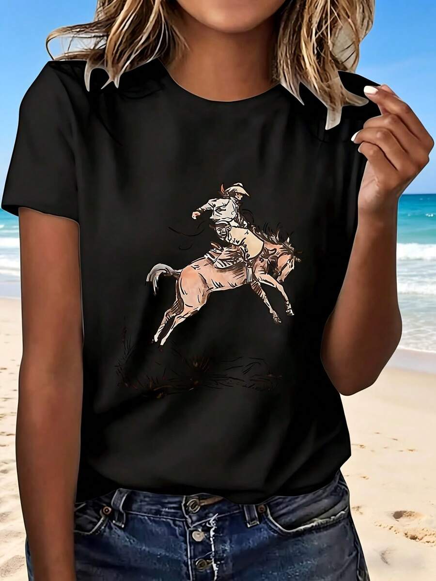 Cowboy Riding Horse T Shirt With Fashion Design Casual Wear For Beach Outing Perfect Gift - Negro - Ver 1