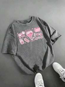 Camiseta de algodón lavado vintage de corte holgado, camiseta con estampado de corazón rosa para enfermeras y estudiantes de medicina, camisa casual de moda de manga corta unisex para verano, cómoda y versátil, regalo ideal. - Gris - Ver 7