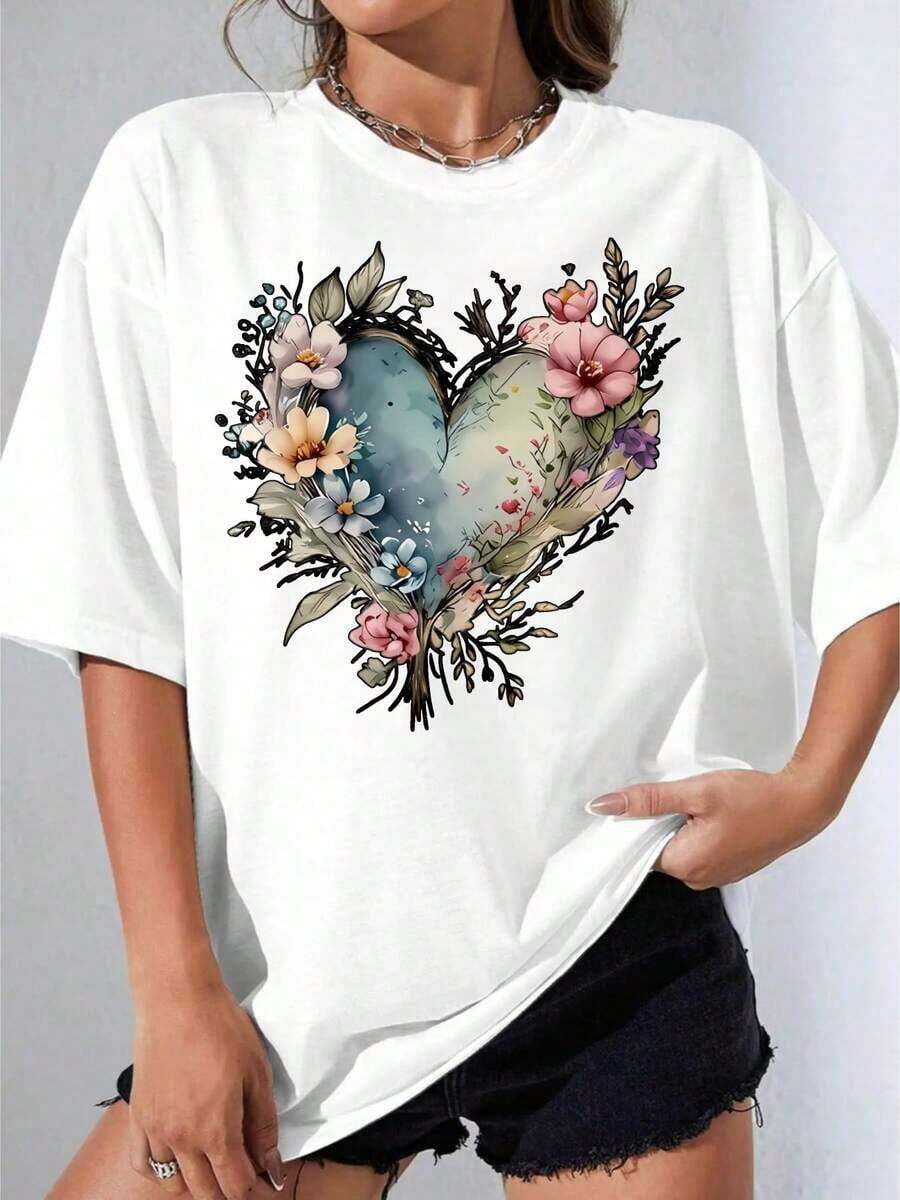 Camisetas de Mujer, Manga Corta Casual para Fiesta, Camiseta Oversize con Estampado Floral de Corazón, Blanca, para Uso Diario y Salidas de Verano, 180g - Blanco - Ver 1