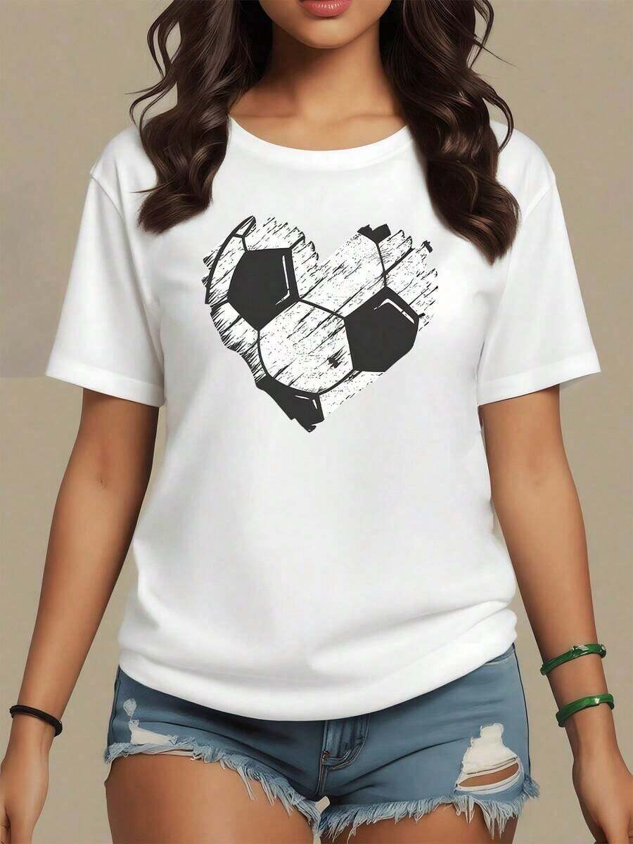NewSummerCasualHeart Formed By Football Strokes Symbolizing The Passion And Spirit Of The Game With Artistic Texture And Sporty Energy. Women's T-Shirt, 100% Soft And Comfortable Cotton For Everyday Wear - Vintage Street Style Unisex Loose Cotton Short Sleeve Crew Neck T-Shirt - 白色的 - 查看 1