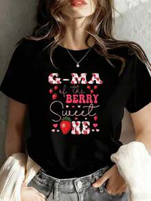 Camiseta Casual de Mujer con Estampado de Fresas - Blusa Casual de Manga Corta y Cuello Redondo con Estampado de Frutas de Fresa, Lavable a Máquina, Ropa Casual Cómoda Adecuada para Fiestas, Conjuntos y Regalos. - Negro - Ver 1
