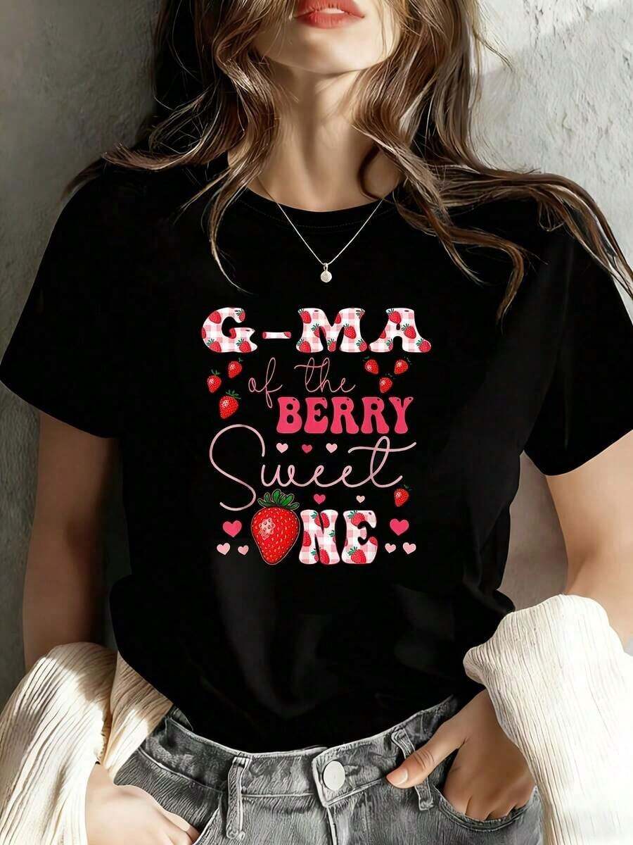 Camiseta Casual de Mujer con Estampado de Fresas - Blusa Casual de Manga Corta y Cuello Redondo con Estampado de Frutas de Fresa, Lavable a Máquina, Ropa Casual Cómoda Adecuada para Fiestas, Conjuntos y Regalos. - Negro - Ver 1