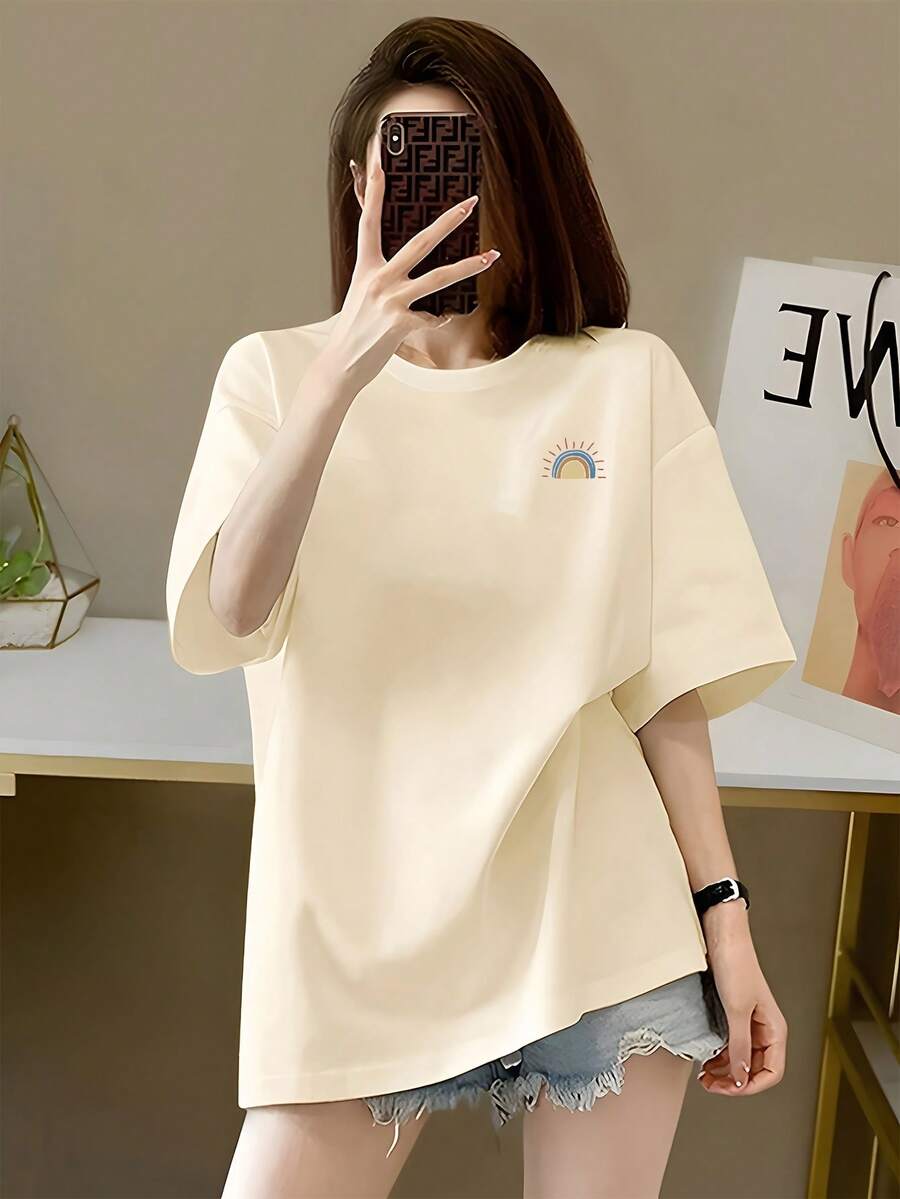 Camiseta de Edición Limitada con Patrón Geométrico - Manga Corta Suave, Cuello Redondo, Top Casual para Mujer, Ropa Estampada Estilo Y2K, Algodón Ligero - Albaricoque - Ver 1