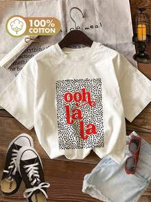 Playeras de mujer Pure T-Shirt con estilo francés, con texto y lunares. Ooh La La Dots, Ropa Casual para Salidas, Blusa Versátil Estampada de Cuello Redondo y Manga Corta, Blusas casuales para dama - Albaricoque - Ver 7