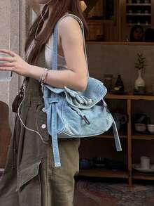 Túi đeo chéo denim wash mới mùa Xuân/Hè 2026, túi tote cỡ lớn kiểu retro có nắp gập, túi đeo vai và đeo chéo đa năng dành cho nữ. - Màu xanh lam - Xem 3