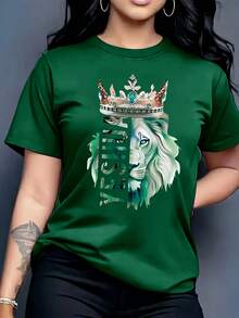 Camiseta Azul con la Corona del Rey León, Cuello Redondo Casual, Manga Corta, Ropa de Mujer para Primavera y Verano - Rojo - Ver 10