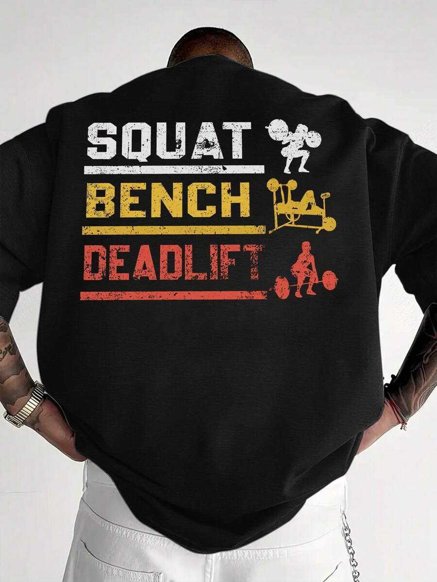 -Sommer Men's Sports Shirt - Short Sleeve, Weightlifting And Deadlift Pattern Design - Breathable And Sweat-Wicking Training Shirt --Black Fitness Shirt, Suitable For Weight Training, Powerlifting And Casual Sports - Washable Summer T-Shirt, Loose And Comfortable. - Back - View 1