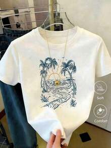 100% cotton Camiseta con estampado de camisa casual para mujer, manga corta y cuello redondo, moda urbana local de primavera/verano. - Blanco - Ver 6