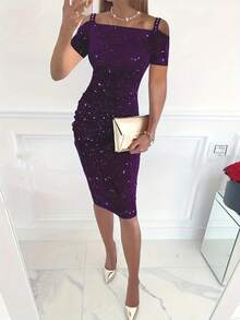 2024 nuevo estilo de primavera y verano brillante fuera del hombro Sexy vestido Halter con incrustaciones de diamantes mujer - Morado - Ver 6