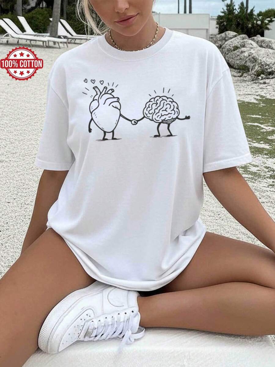 Pure Cotton T-Shirt With A Print Design Of A Connected Heart And Brain, With Intertwined Hands. Inspirational Pure Cotton T-Shirt For Women, Crew Neck - Lightweight, Suitable For Spring And Summer, With A Casual Holiday-Themed Design And An Iconic Quote - Machine Washable, Comfortable For Casual Wear And Holiday Parties - Plain White T-Shirt. - 白色 - 查看 1