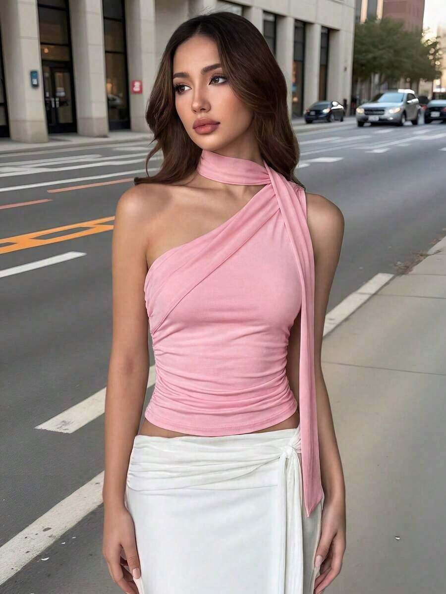 Blusa elegante de un hombro con pliegues negra de verano para mujer - Rosa Pálido - Ver 1