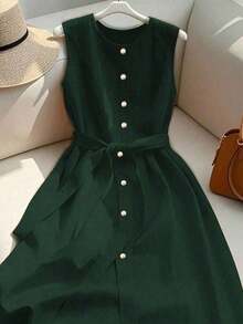 Vestido estilo francés de media pierna sin mangas de alta gama color naranja para mujer - Verde Oscuro - Ver 4