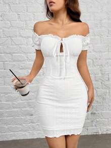 Vestido ajustado de punto con hombros descubiertos - Blanco - Ver 7