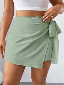 Falda-short casual con bajo asimétrico y lazo lateral para mujer de talla grande - Verde - Ver 5