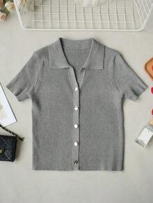 de punto con cuello polo y mangas raglán cortas para mujer, ligera y versátil, ideal para primavera/verano - Gris - Ver 6