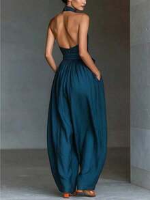 1Women's Summer Halter Neck Ruched Waist Wide Leg Loose Fit Jumpsuit Casual Tie Front Long Romper For Beach Vacation Date Night Daily - 藏蓝色 - 查看 6