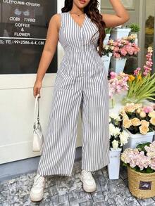 Enterizo casual sin mangas de talla grande con cuello en V y estampado de rayas con botón de un solo pecho - Gris - Ver 7